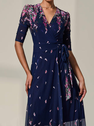 Half Sleeve Floral Wrap Dress Navy Pink Multi