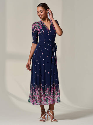 Half Sleeve Floral Wrap Dress Navy Pink Multi