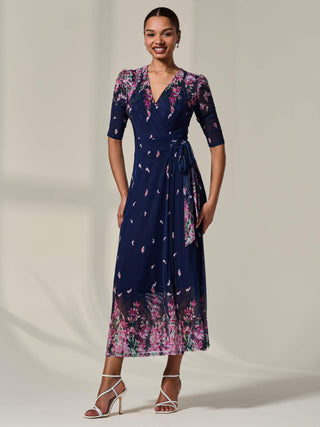 Half Sleeve Floral Wrap Dress Navy Pink Multi