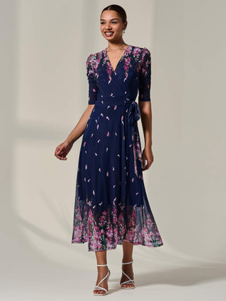 Half Sleeve Floral Wrap Dress Navy Pink Multi