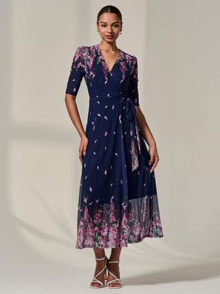 Half Sleeve Floral Wrap Dress Navy Pink Multi