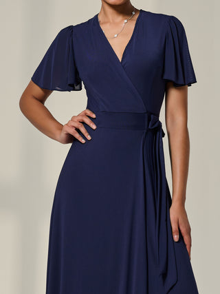 Angel Sleeve Wrapped Mesh Maxi Dress, Navy