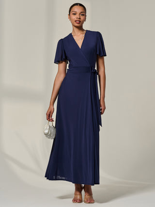 Angel Sleeve Wrapped Mesh Maxi Dress, Navy