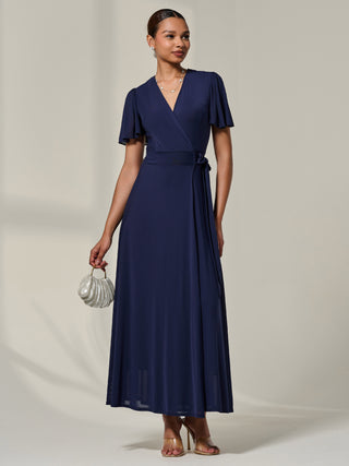 Angel Sleeve Wrapped Mesh Maxi Dress, Navy