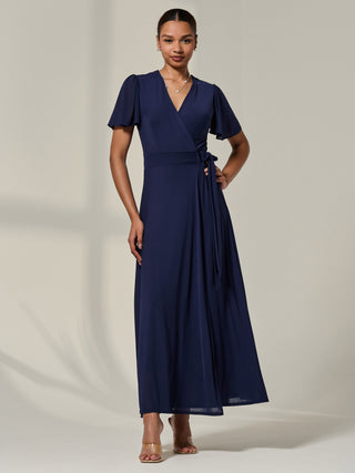 Angel Sleeve Wrapped Mesh Maxi Dress, Navy