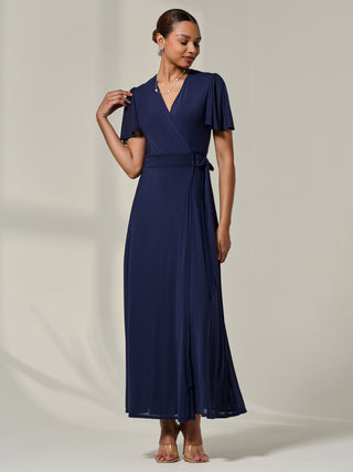 Angel Sleeve Wrapped Mesh Maxi Dress, Navy
