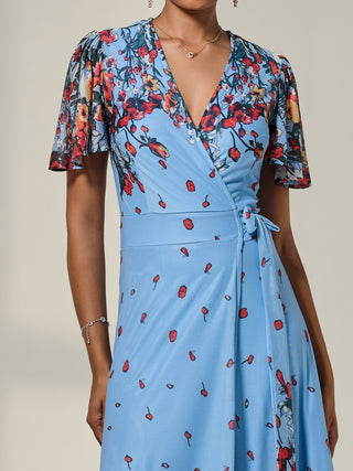 Floral Mirror Mesh Wrap Maxi Dress, Blue Floral