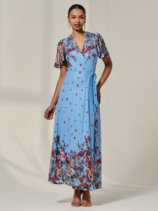 Floral Mirror Mesh Wrap Maxi Dress, Blue Floral