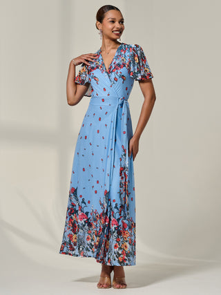 Floral Mirror Mesh Wrap Maxi Dress, Blue Floral