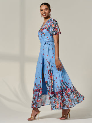 Floral Mirror Mesh Wrap Maxi Dress, Blue Floral