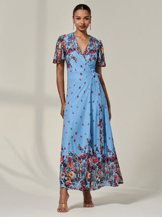 Floral Mirror Mesh Wrap Maxi Dress, Blue Floral