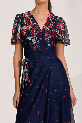 Floral Mirror Mesh Wrap Maxi Dress, Floral Multi