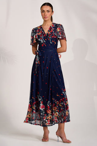 Floral Mirror Mesh Wrap Maxi Dress, Floral Multi