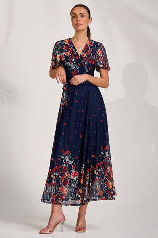 Floral Mirror Mesh Wrap Maxi Dress, Floral Multi