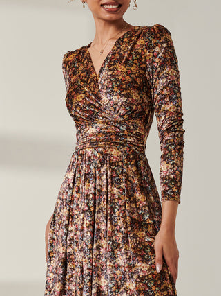 Floral Print Velvet Dress, Black Multi