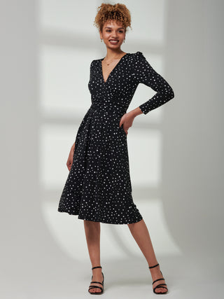 Rafella Long Sleeve Midi Dress, Black Spot - Main Image