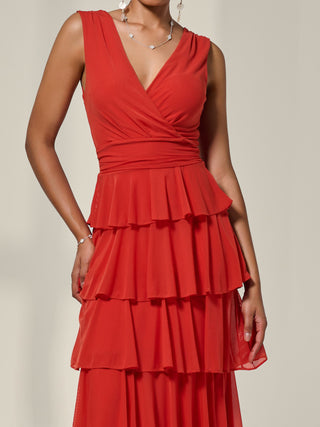 Mesh Sleeveless Tierred Maxi Dress, Dark Orange