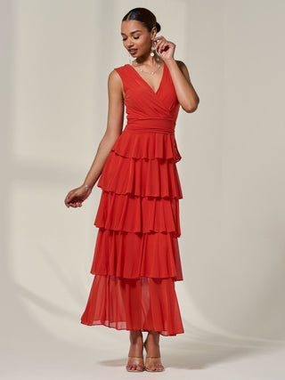 Mesh Sleeveless Tierred Maxi Dress, Dark Orange