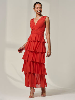 Mesh Sleeveless Tierred Maxi Dress, Dark Orange
