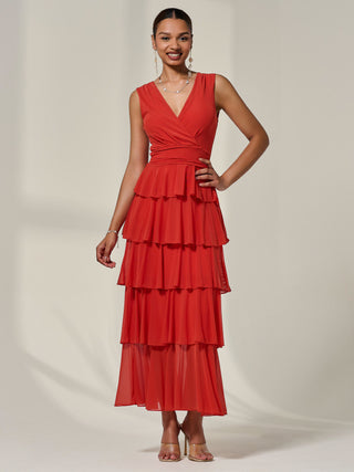 Mesh Sleeveless Tierred Maxi Dress, Dark Orange