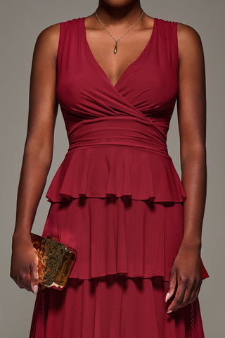 Mesh Sleeveless Tierred Maxi Dress, Red