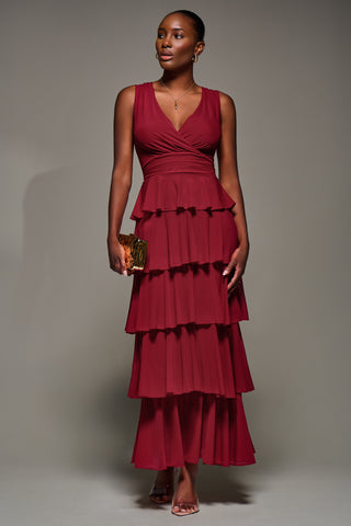 Mesh Sleeveless Tierred Maxi Dress, Red