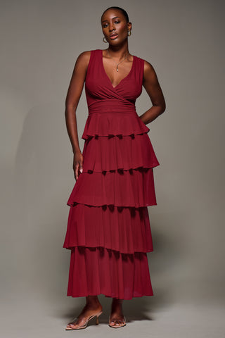 Mesh Sleeveless Tierred Maxi Dress, Red