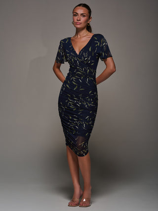 Angel Sleeved Patterned Ruched Bodycon Dress, Navy Leafy
