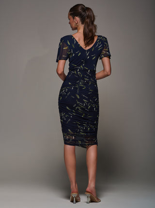 Angel Sleeved Patterned Ruched Bodycon Dress, Navy Leafy