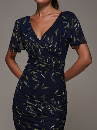 Angel Sleeved Patterned Ruched Bodycon Dress, Navy Leafy