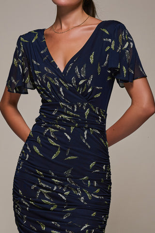 Angel Sleeved Patterned Ruched Bodycon Dress, Navy Leafy