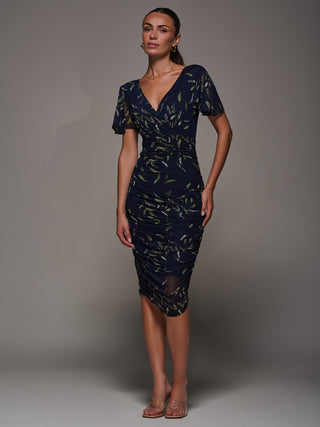 Angel Sleeved Patterned Ruched Bodycon Dress, Navy Leafy