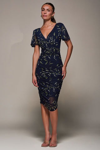Angel Sleeved Patterned Ruched Bodycon Dress, Navy Leafy