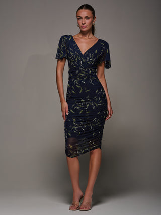 Angel Sleeved Patterned Ruched Bodycon Dress, Navy Leafy