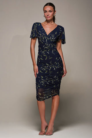 Angel Sleeved Patterned Ruched Bodycon Dress, Navy Leafy