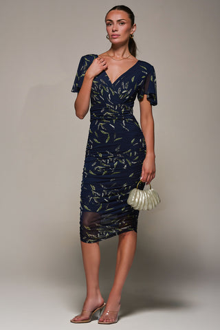 Angel Sleeved Patterned Ruched Bodycon Dress, Navy Leafy