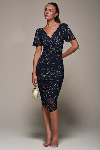 Angel Sleeved Patterned Ruched Bodycon Dress, Navy Leafy