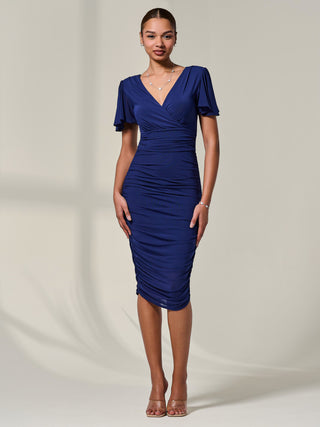 Ruched Mesh Bodycon Dress, Navy
