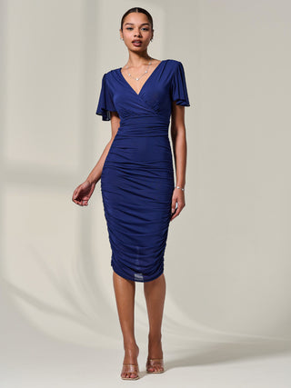 Ruched Mesh Bodycon Dress, Navy