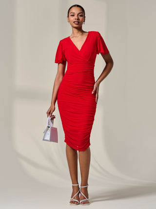 Ruched Mesh Bodycon Dress Red – Jolie Moi Retail - Main Image