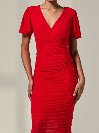 Ruched Mesh Bodycon Dress Red