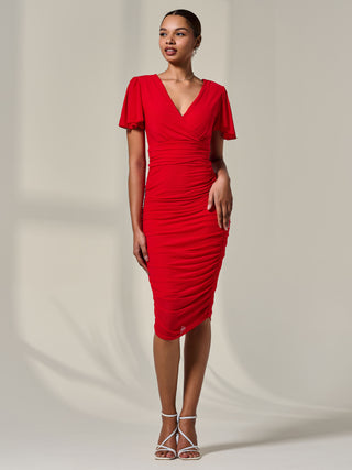 Ruched Mesh Bodycon Dress Red