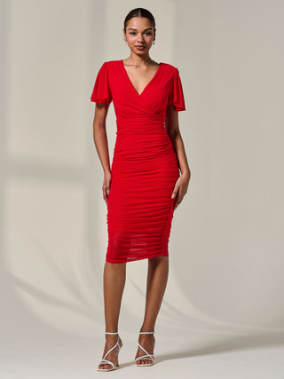 Ruched Mesh Bodycon Dress Red