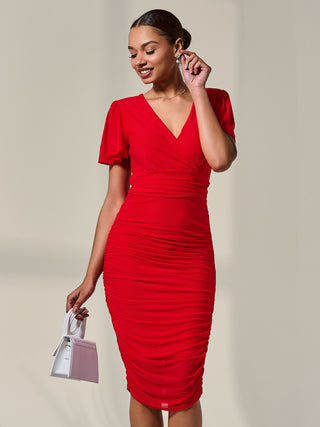 Ruched Mesh Bodycon Dress Red
