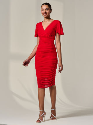 Ruched Mesh Bodycon Dress Red