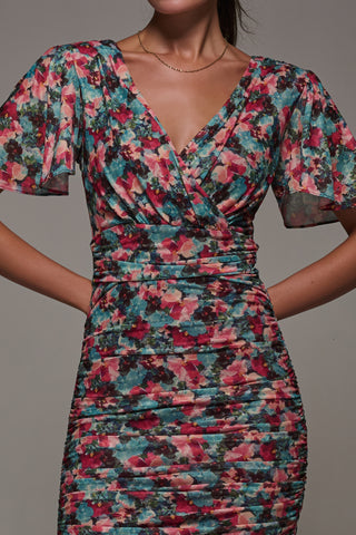 Angel Sleeved Floral Mesh Bodycon Dress, Teal Multi