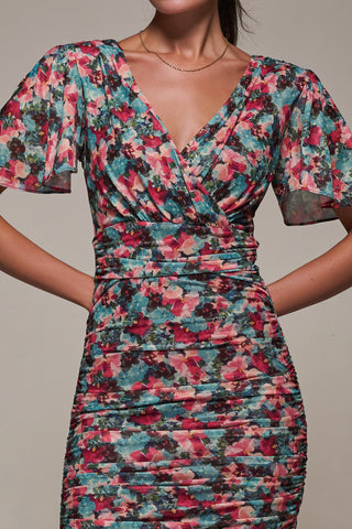 Angel Sleeved Floral Mesh Bodycon Dress, Teal Multi