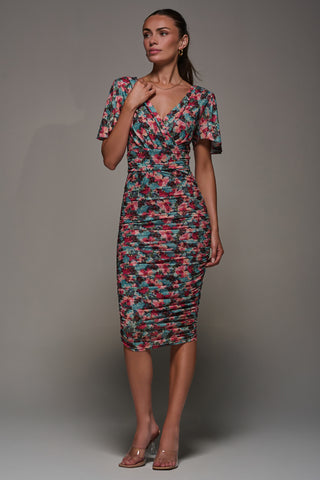 Angel Sleeved Floral Mesh Bodycon Dress, Teal Multi