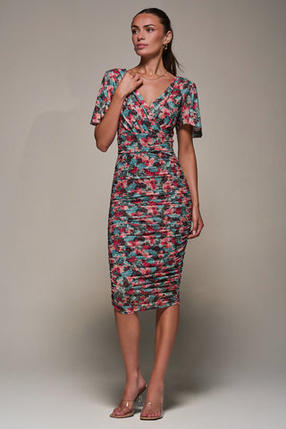Angel Sleeved Floral Mesh Bodycon Dress, Teal Multi