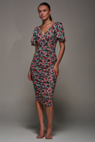 Angel Sleeved Floral Mesh Bodycon Dress, Teal Multi